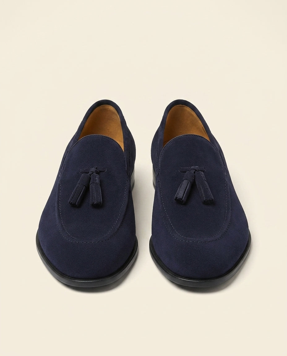 St. Martin Co Navy Suede Tassel Slip-On Loafer — back view