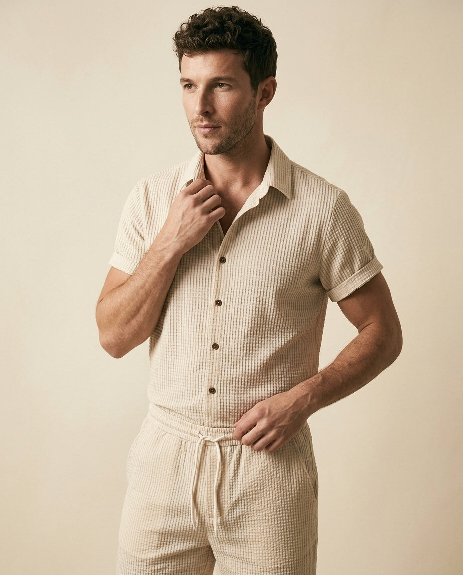 St. Martin Co Waffle-Knit Short-Sleeve Shirt and Shorts Co-ord — side view
