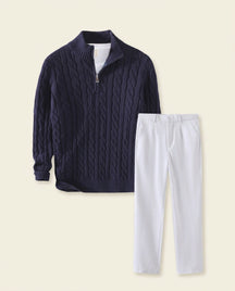 St. Martin Co Navy Cable Half-Zip and White Chino Set — front view