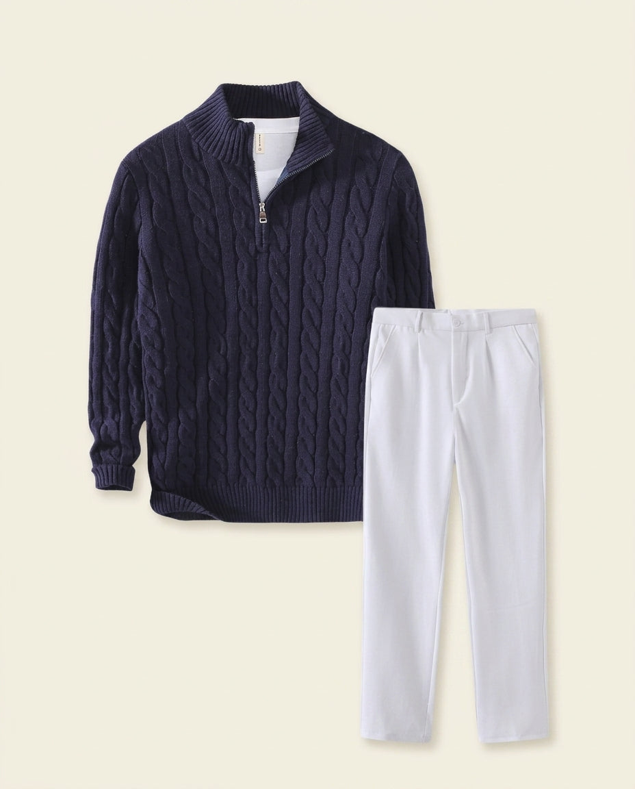 St. Martin Co Navy Cable Half-Zip and White Chino Set — front view