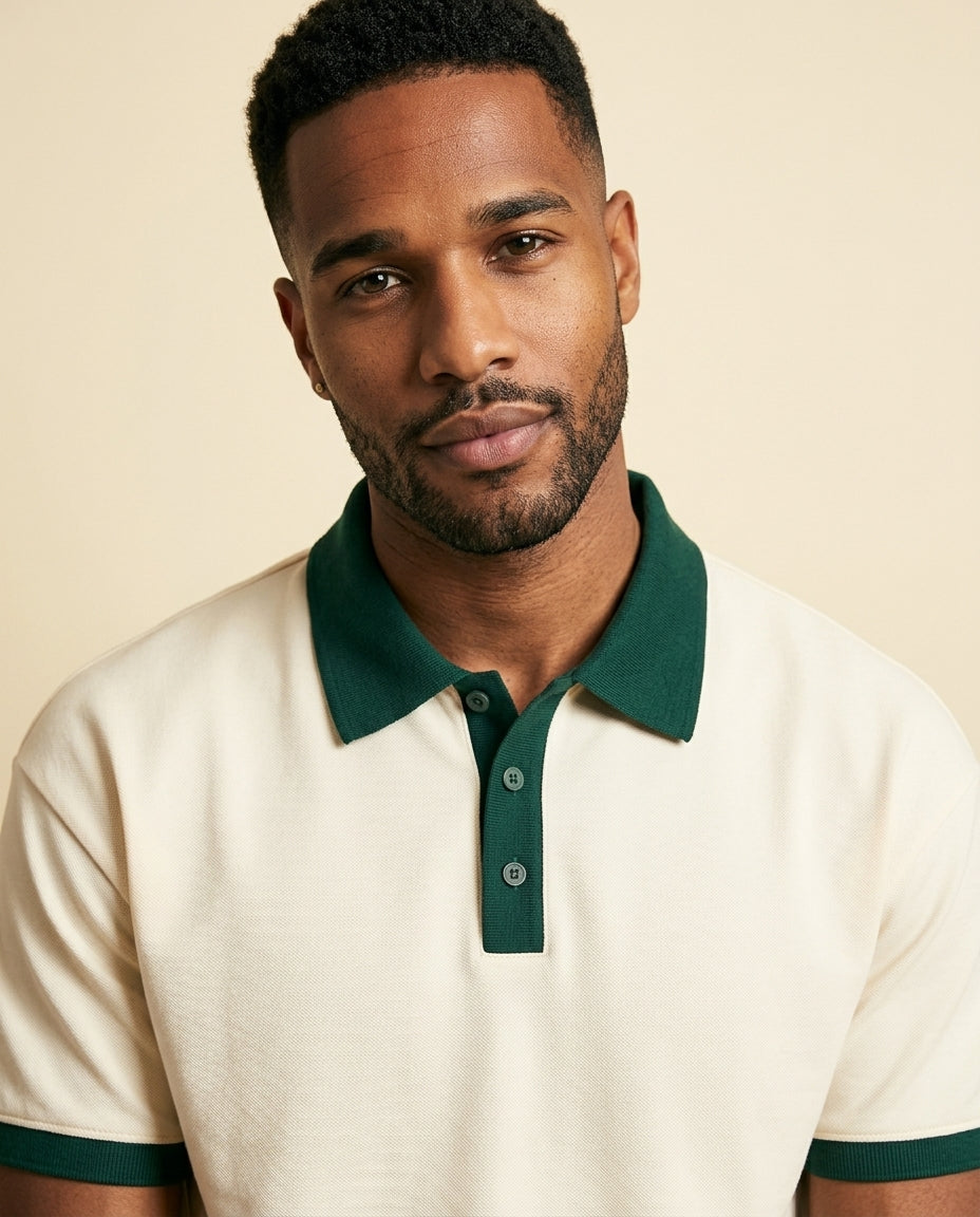 St. Martin Co Cream Piqué Polo with Forest Tipping — detail view