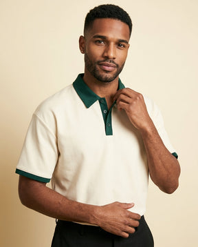 St. Martin Co Cream Piqué Polo with Forest Tipping — back view