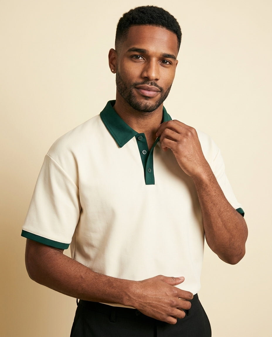 St. Martin Co Cream Piqué Polo with Forest Tipping — back view