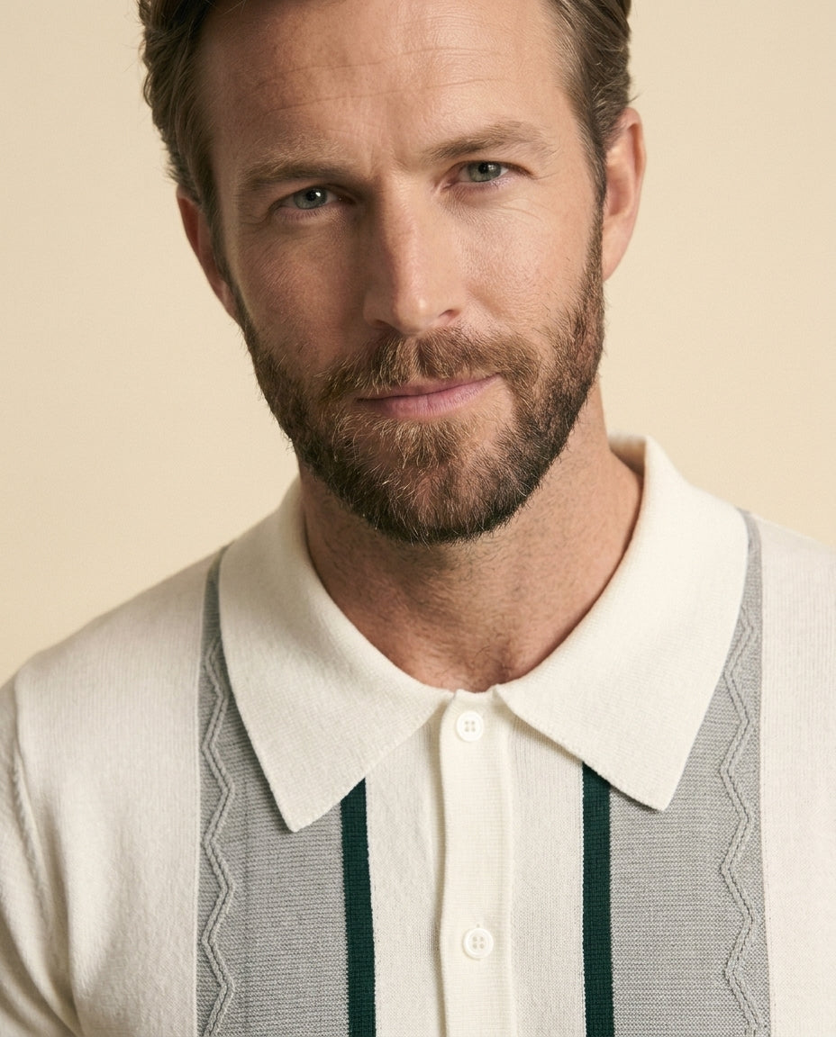 St. Martin Co Vertical Stripe Knitted Polo White Green — detail view