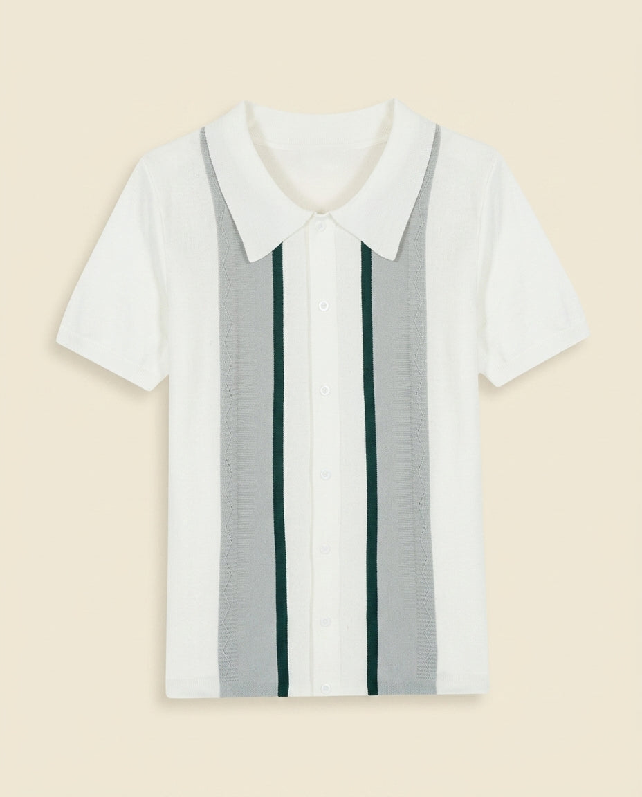 St. Martin Co Vertical Stripe Knitted Polo White Green — front view