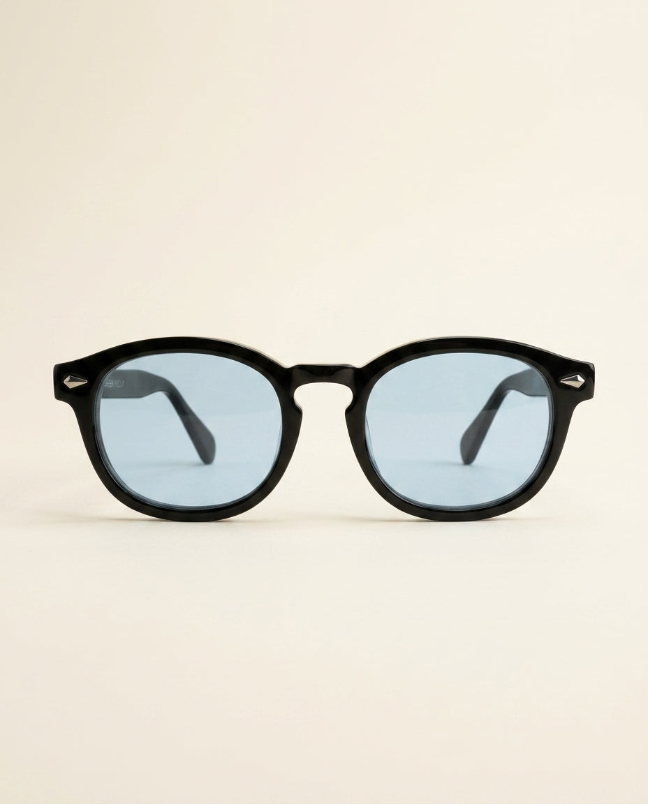 St. Martin Co Black Acetate Round Frame Blue Lens Sunglasses — front view
