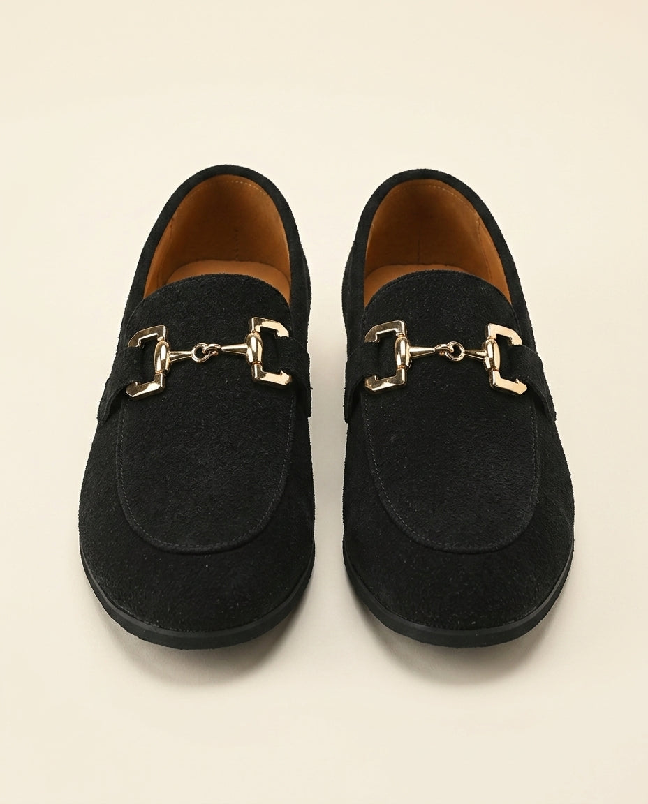 St. Martin Co Black Suede Horsebit Slip-On Loafer — back view