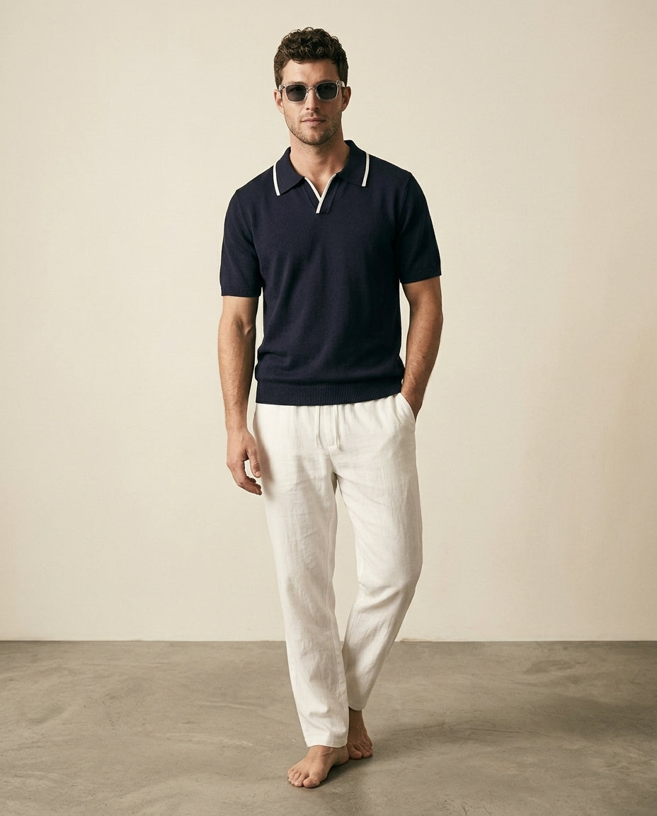 St. Martin Co Navy Tipped Knit Polo Shirt — side view