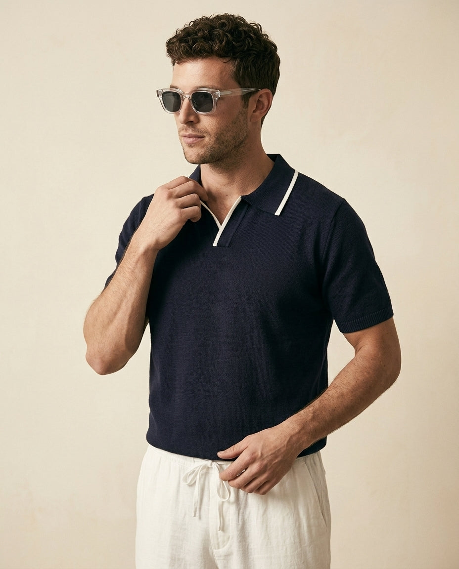 St. Martin Co Navy Tipped Knit Polo Shirt — back view