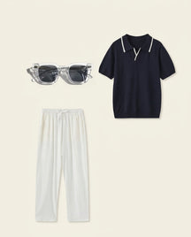 St. Martin Co Navy Tipped Knit Polo Shirt — front view