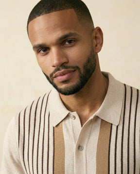 St. Martin Co Vertical Stripe Knit Polo, Ecru — detail view