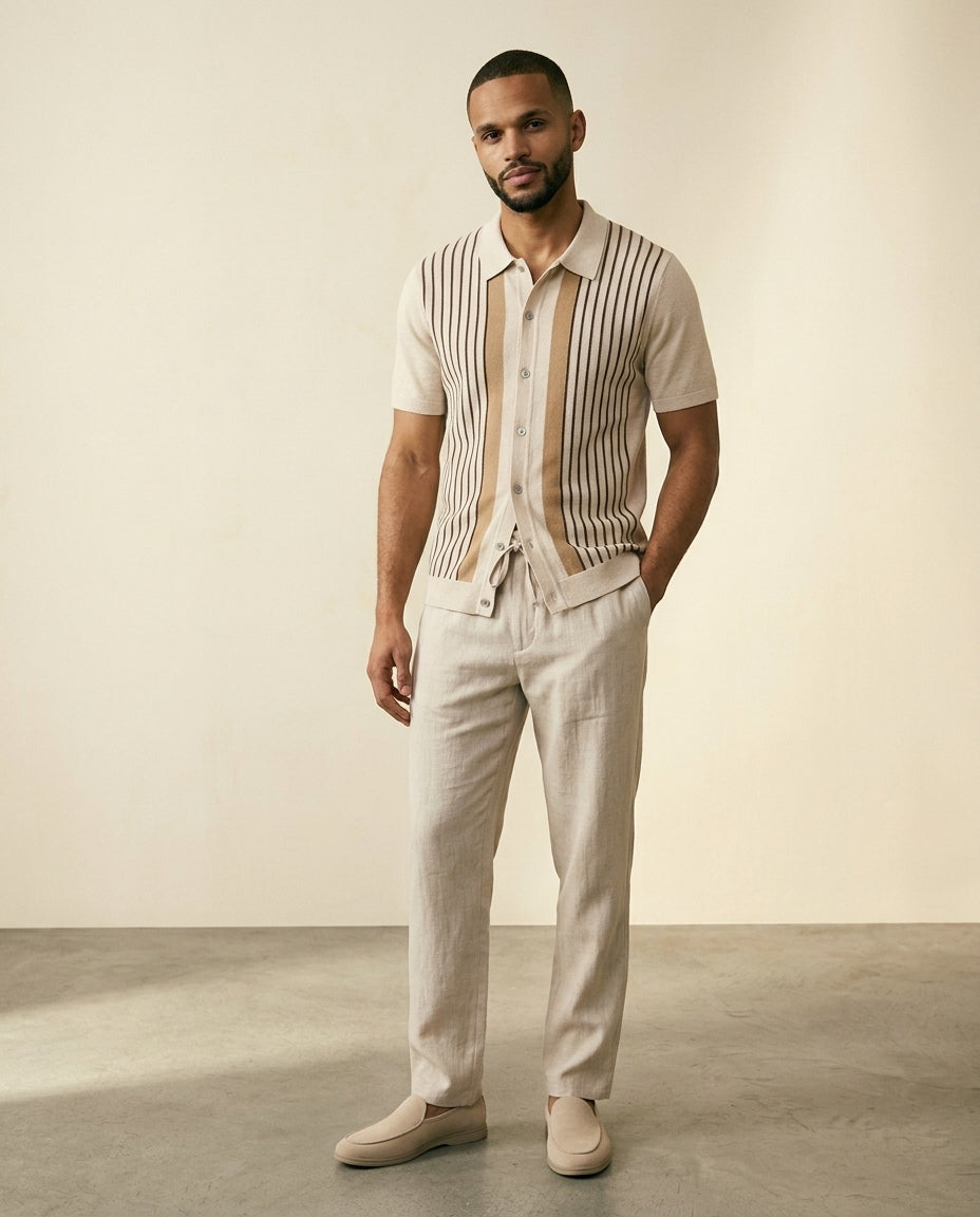 St. Martin Co Vertical Stripe Knit Polo, Ecru — side view