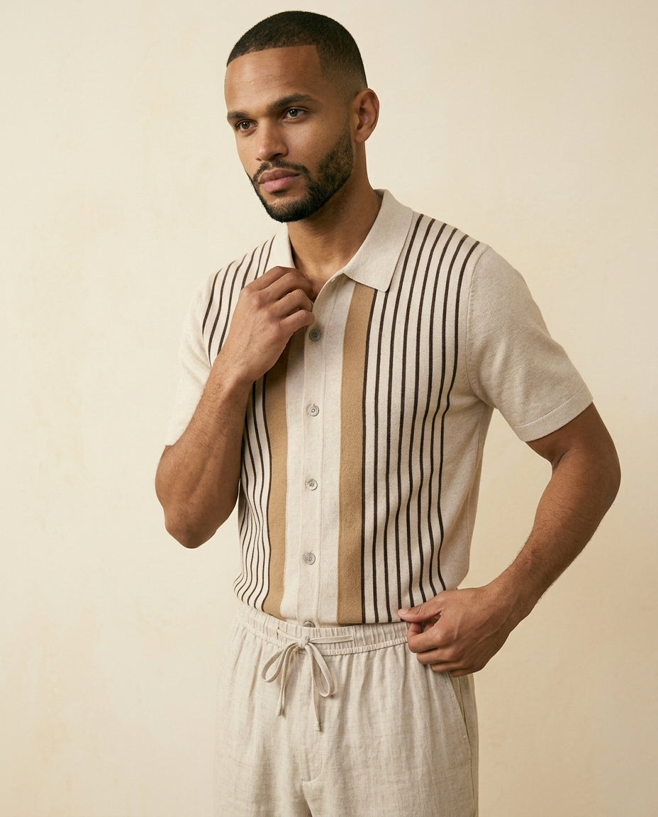 St. Martin Co Vertical Stripe Knit Polo, Ecru — back view