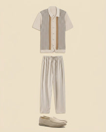 St. Martin Co Vertical Stripe Knit Polo, Ecru — front view