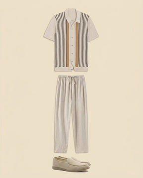 St. Martin Co Vertical Stripe Knit Polo, Ecru — front view