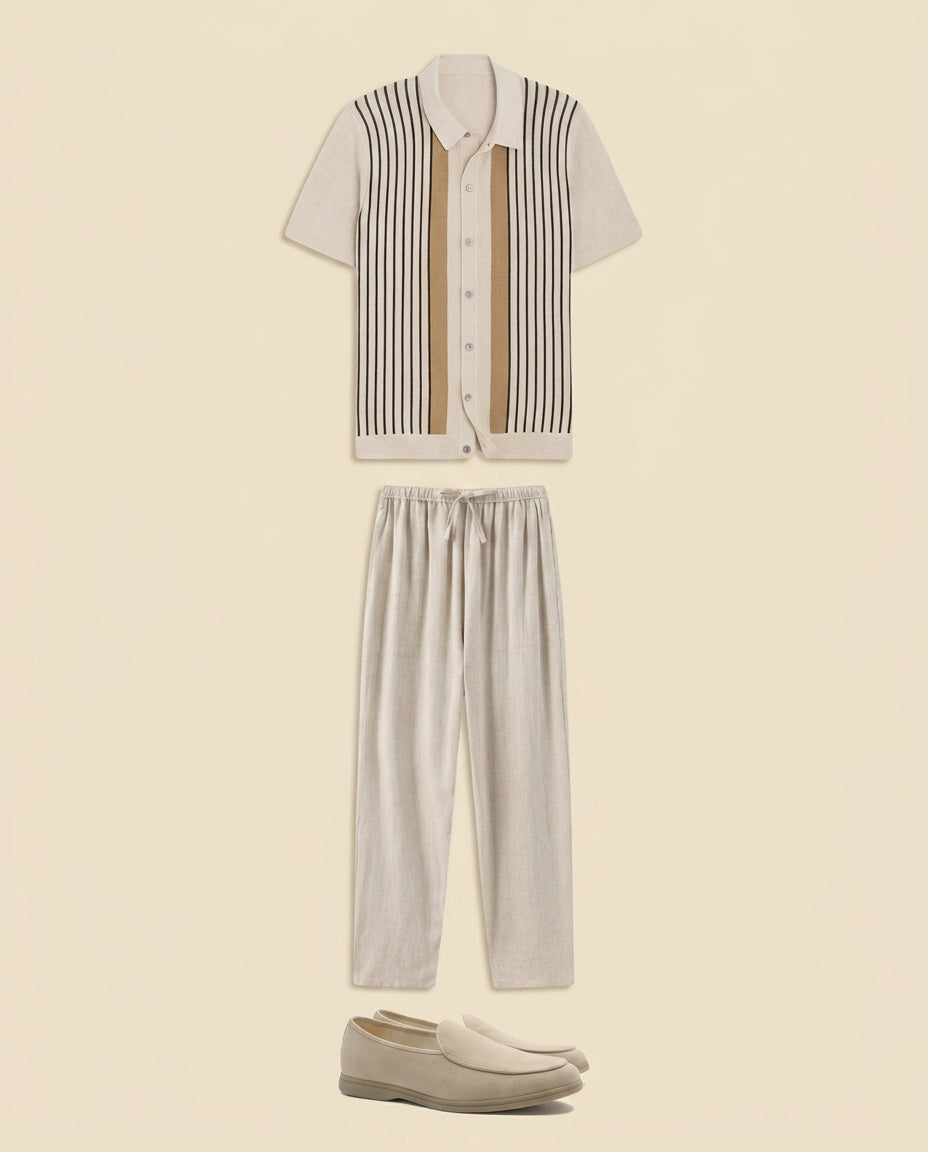 St. Martin Co Vertical Stripe Knit Polo, Ecru — front view