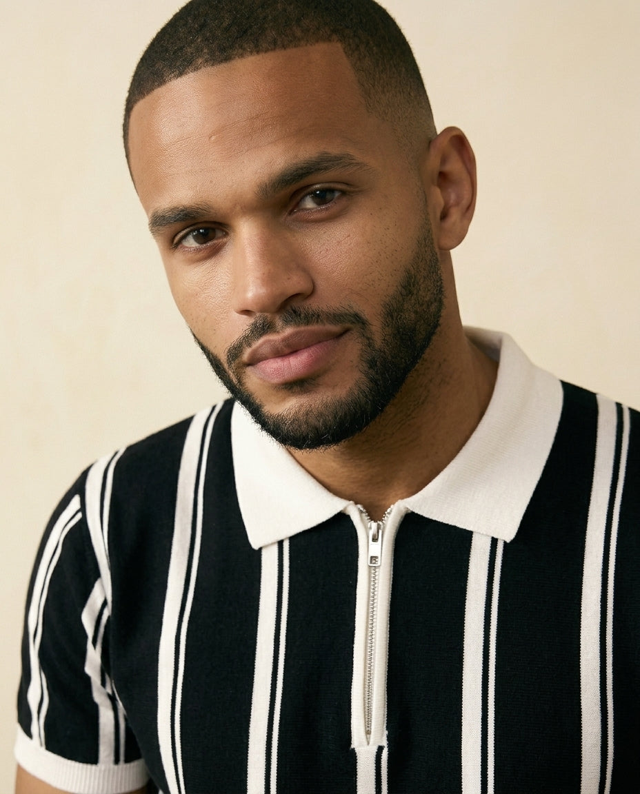 St. Martin Co Vertical Stripe Half-Zip Knit Polo — detail view