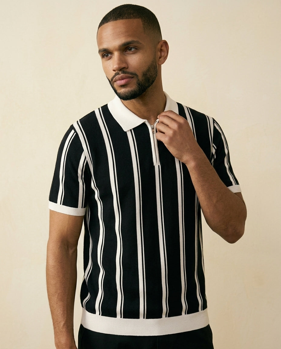 St. Martin Co Vertical Stripe Half-Zip Knit Polo — back view