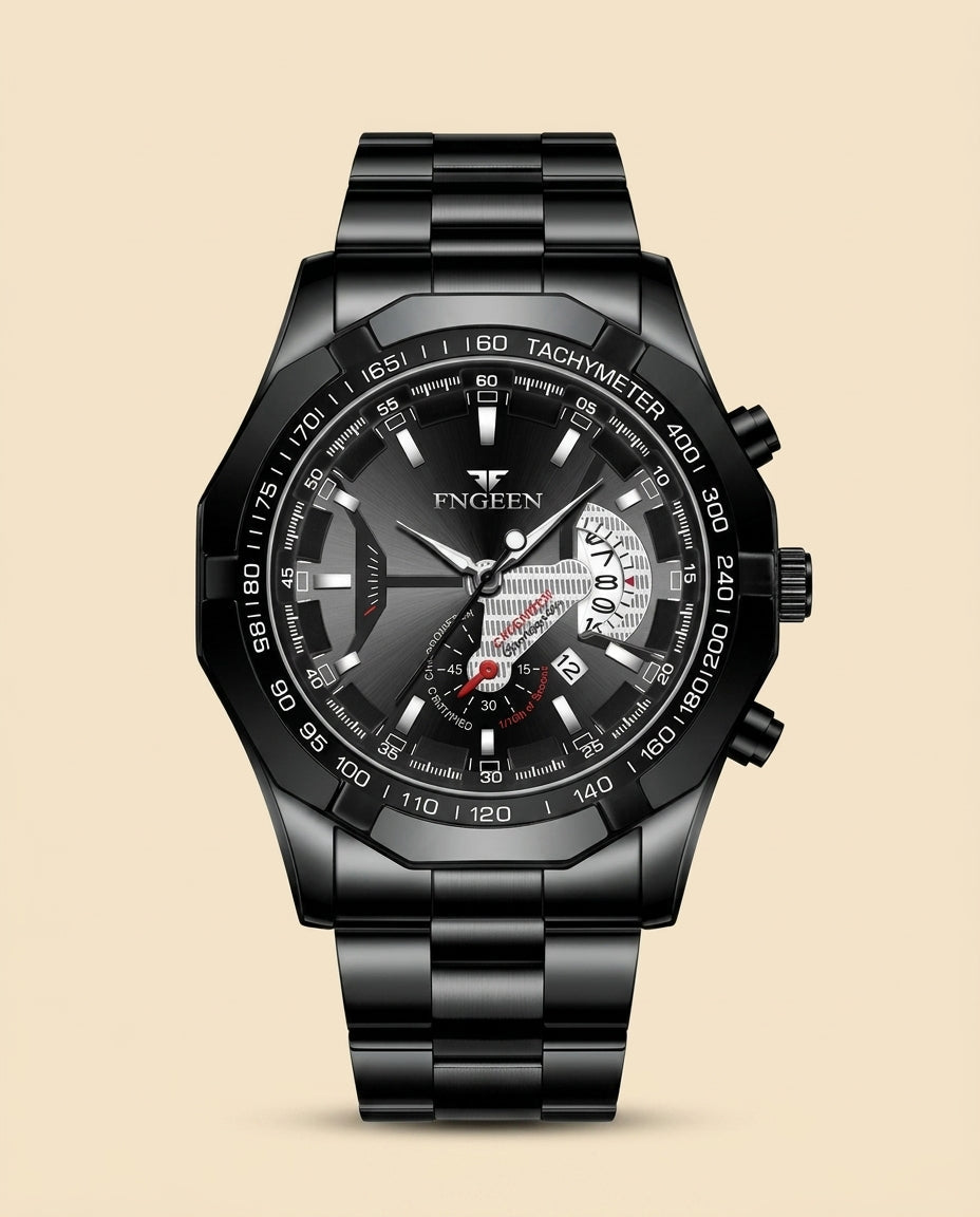 St. Martin Co FG Obsidian Chronograph Steel Bracelet Watch — front view
