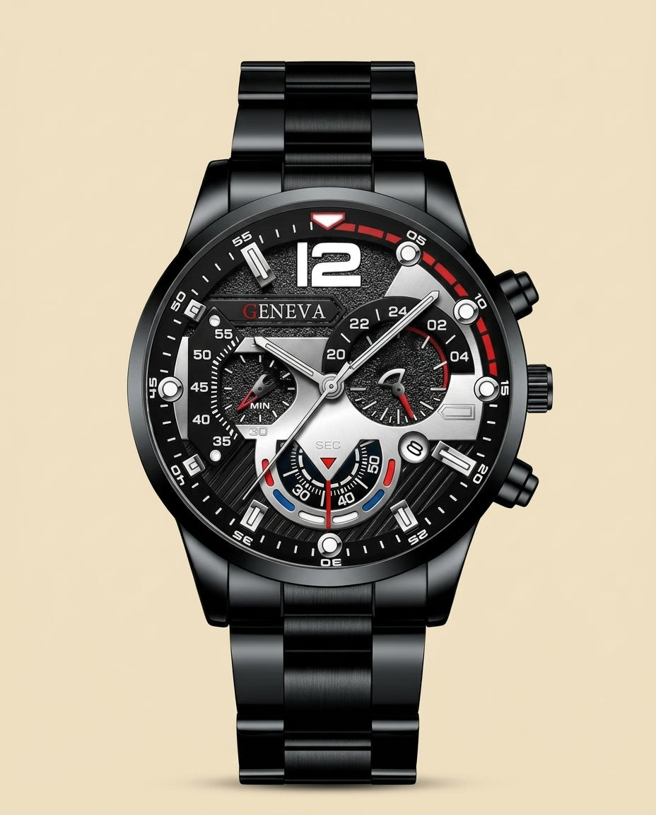 St. Martin Co GV Black Steel Chronograph Three-Subdial Watch — front view