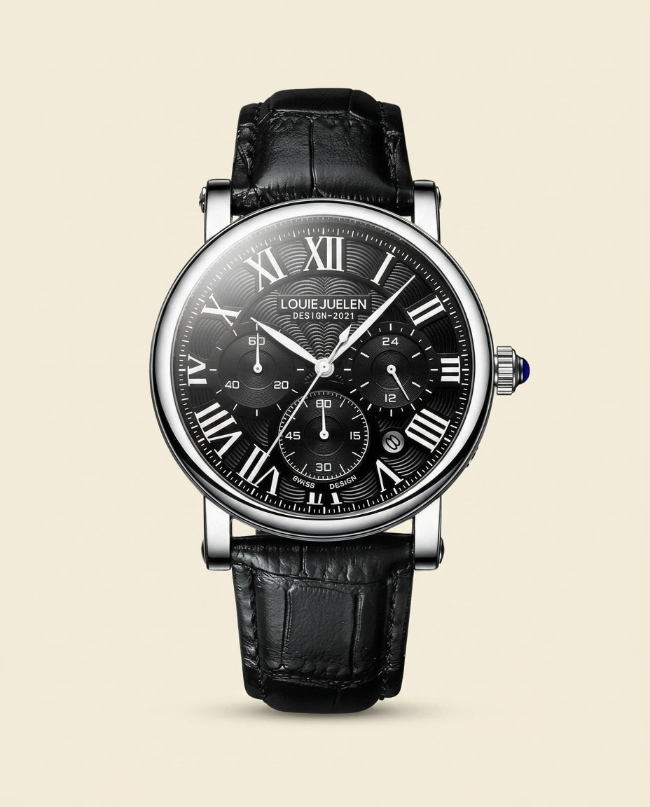 St. Martin Co LJ Guilloche Dial Chronograph Leather Watch — front view