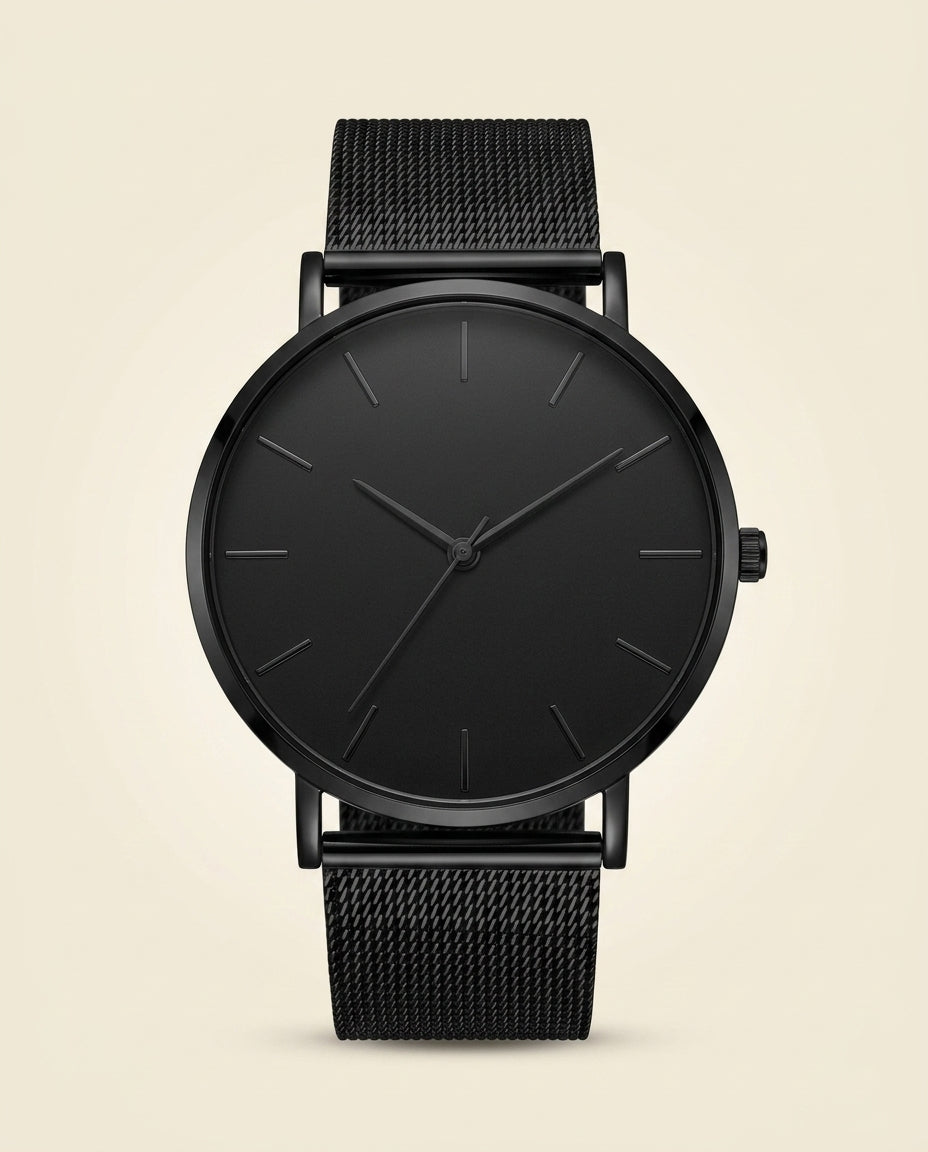 St. Martin Co All-Black Dial Mesh Strap Watch — front view