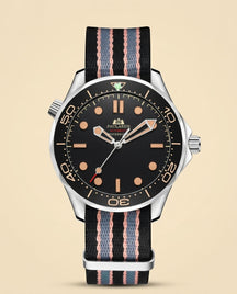 St. Martin Co PR Black Dial Automatic Diver NATO Strap — front view