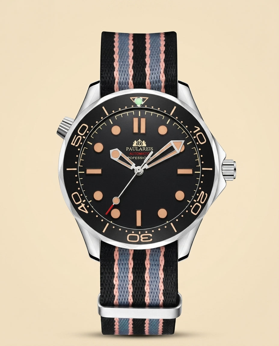 St. Martin Co PR Black Dial Automatic Diver NATO Strap — front view