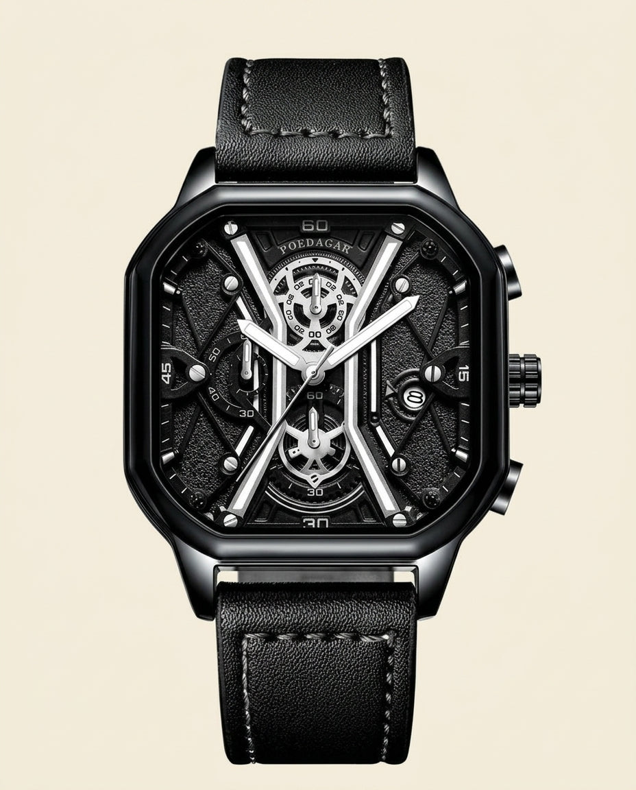 St. Martin Co PD Obsidian Skeleton Chronograph Square Watch — front view