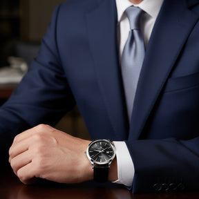 St. Martin Co Sunburst Dial Steel Watch, Black Croc Strap — detail view