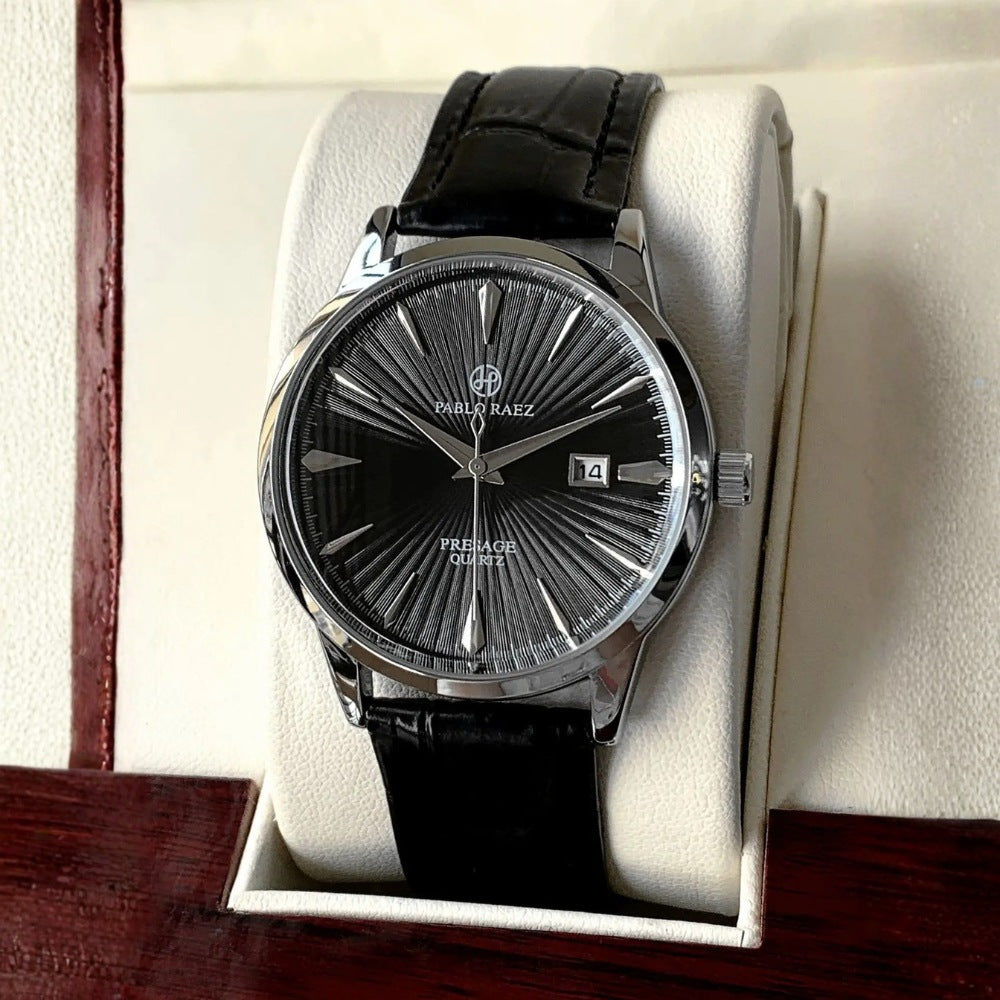 St. Martin Co Sunburst Dial Steel Watch, Black Croc Strap — detail view