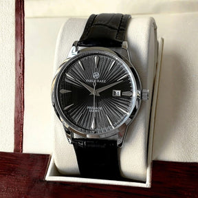 St. Martin Co Sunburst Dial Steel Watch, Black Croc Strap — detail view
