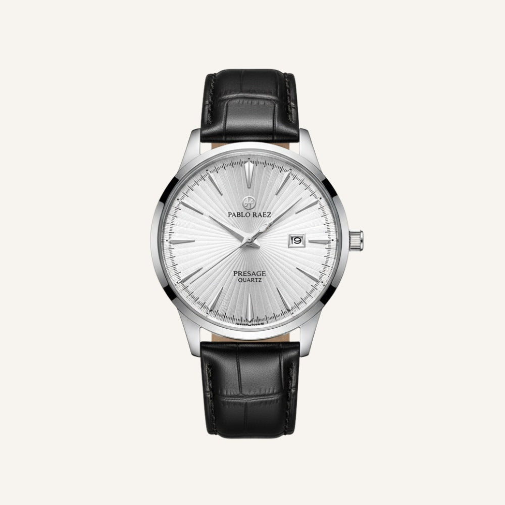 St. Martin Co Sunburst Dial Steel Watch, Black Croc Strap — front view