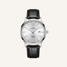 St. Martin Co Sunburst Dial Steel Watch, Black Croc Strap — front view