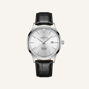 St. Martin Co Sunburst Dial Steel Watch, Black Croc Strap — front view