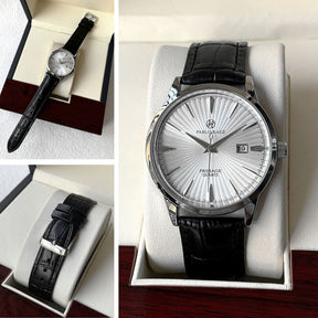 St. Martin Co Sunburst Dial Steel Watch, Black Croc Strap — lifestyle view
