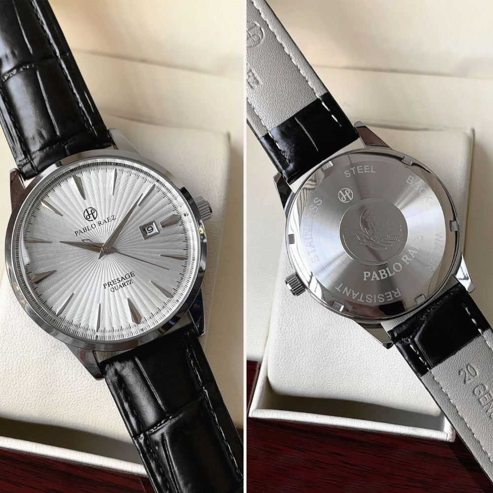 St. Martin Co Sunburst Dial Steel Watch, Black Croc Strap — detail view