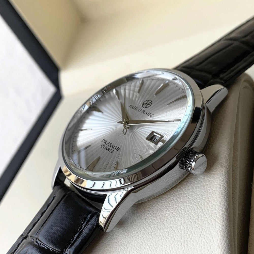 St. Martin Co Sunburst Dial Steel Watch, Black Croc Strap — detail view