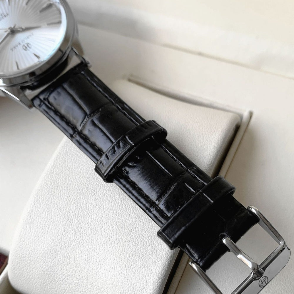 St. Martin Co Sunburst Dial Steel Watch, Black Croc Strap — detail view
