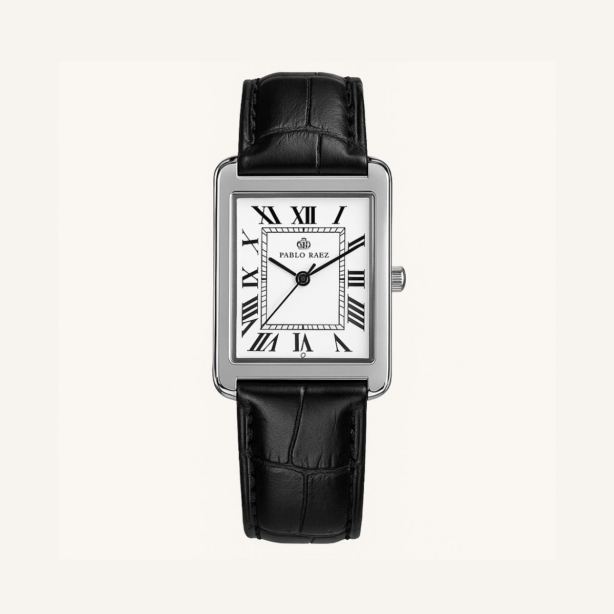 St. Martin Co Rectangle Dial Watch, Black Croc Strap — front view