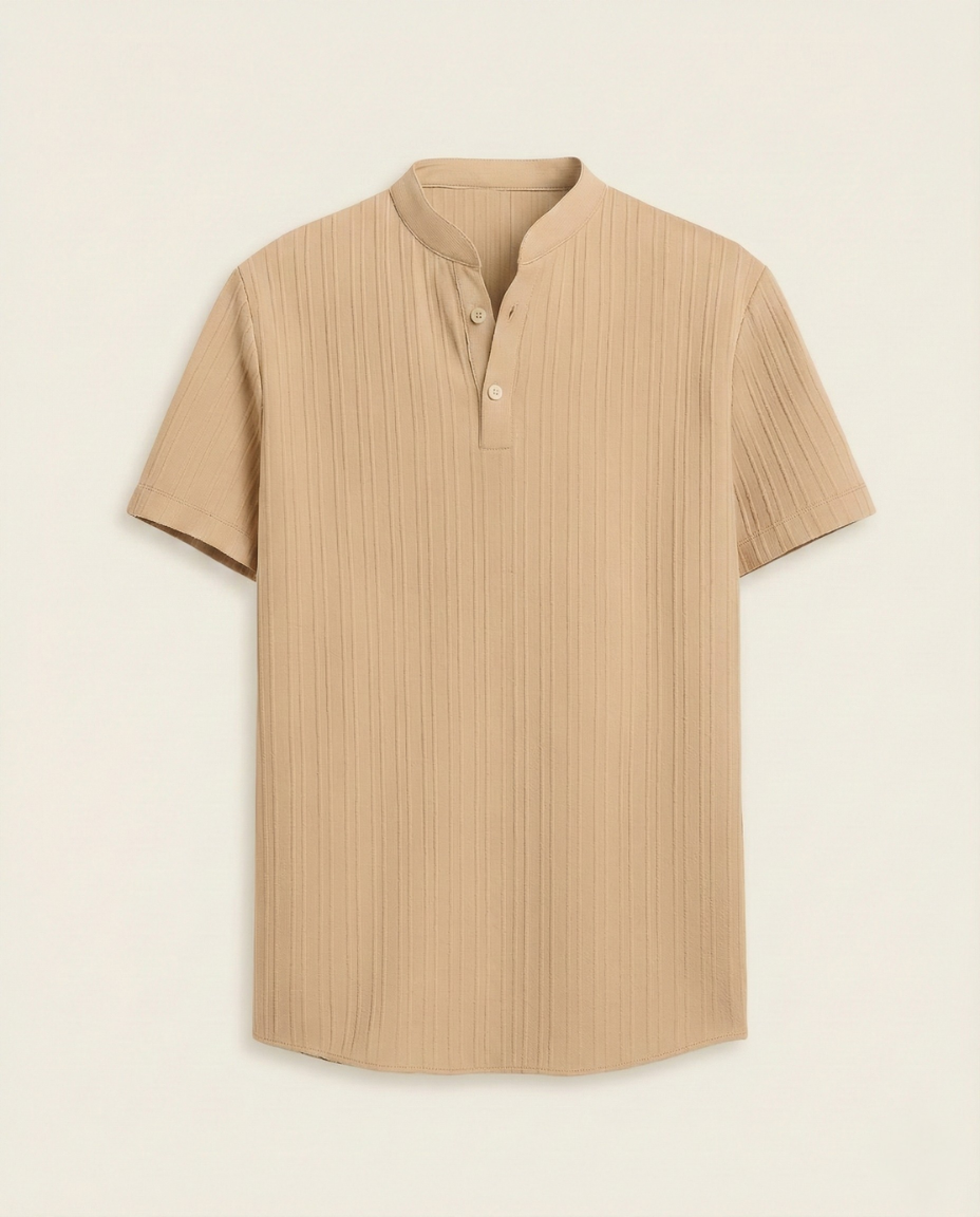 St. Martin Co Sand Ribbed Henley Collar Shirt — front view