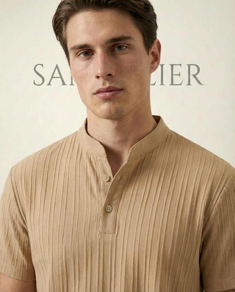 St. Martin Co Sand Ribbed Henley Collar Shirt — back view
