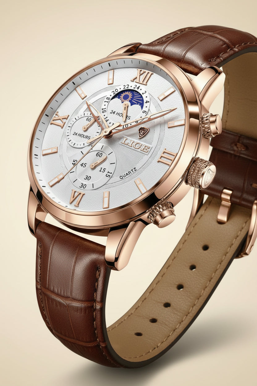 St. Martin Co Dark Dial Moonphase Chronograph, Brown Leather — lifestyle view