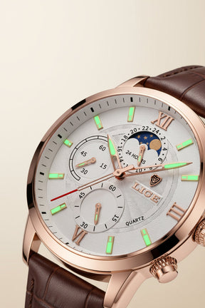 St. Martin Co Dark Dial Moonphase Chronograph, Brown Leather — detail view
