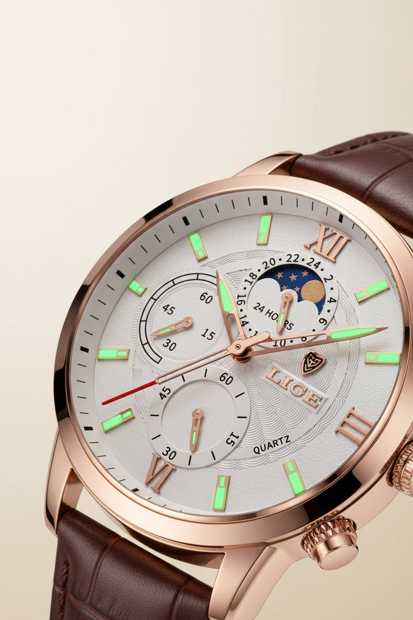 St. Martin Co Dark Dial Moonphase Chronograph, Brown Leather — detail view