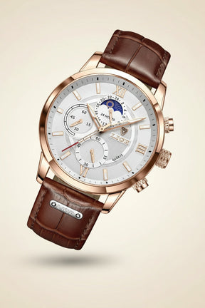 St. Martin Co Dark Dial Moonphase Chronograph, Brown Leather — detail view