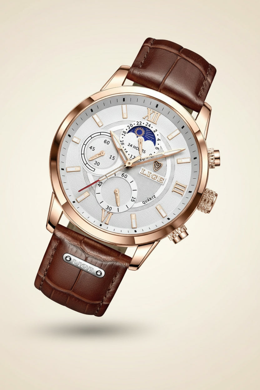 St. Martin Co Dark Dial Moonphase Chronograph, Brown Leather — detail view
