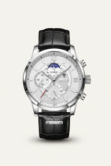St. Martin Co Dark Dial Moonphase Chronograph, Brown Leather — detail view