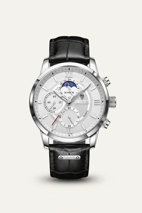 St. Martin Co Dark Dial Moonphase Chronograph, Brown Leather — detail view