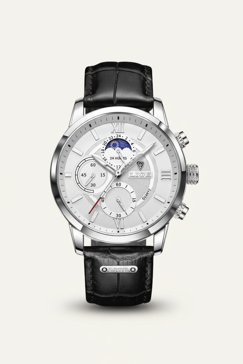St. Martin Co Dark Dial Moonphase Chronograph, Brown Leather — detail view